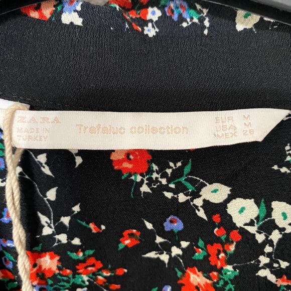 Zara Top Blouse Women's Size M Ribbon Floral Print Long Sleeve Collared - Picture 3 of 12